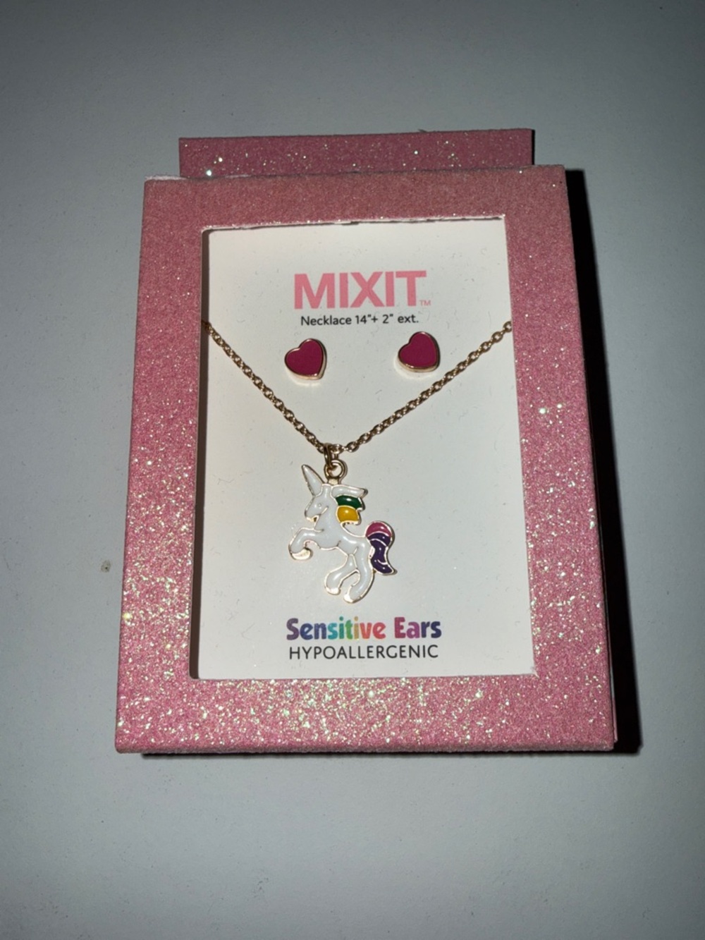 Mixit Gold-Tone Unicorn Necklace with Pink Heart Studs Hypoallergenic